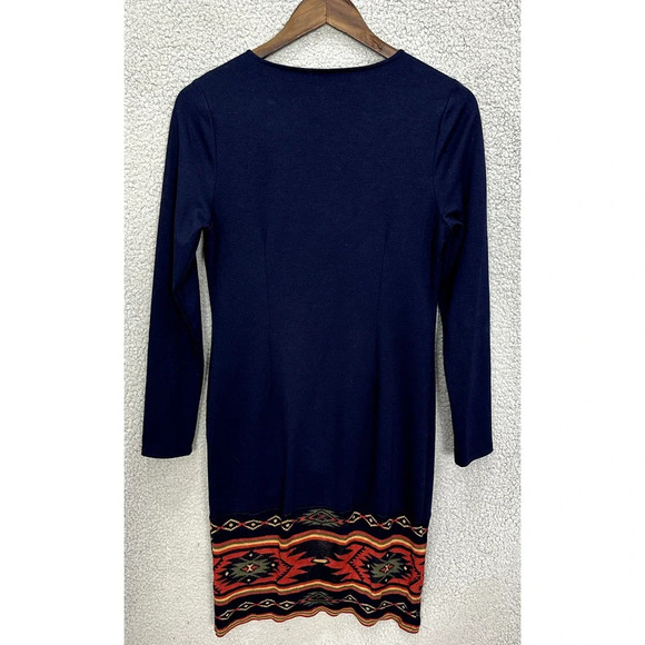 Boston Proper Sheath Dress Womens 4 Blue Aztec Southwestern Long Sleeve Boho - Picture 3 of 7